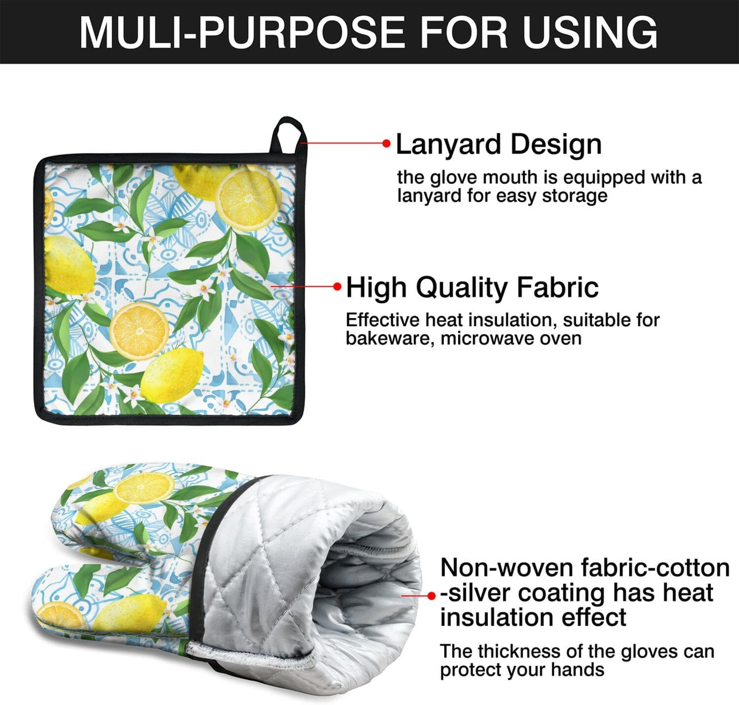 Oven Mitts and Pot Holders 4 Pcs Sets, Farmhous Lemon Kitchen Decor Extra Thicken Heat Resistant Oven Gloves Mits Mitt and Hot Pads for Baking Cooking and Barbecue