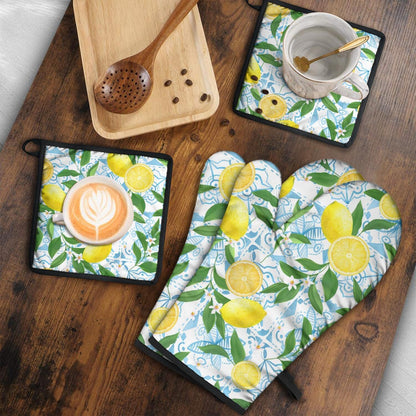 Oven Mitts and Pot Holders 4 Pcs Sets, Farmhous Lemon Kitchen Decor Extra Thicken Heat Resistant Oven Gloves Mits Mitt and Hot Pads for Baking Cooking and Barbecue