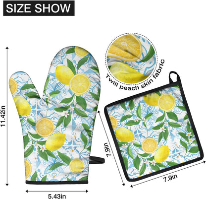 Oven Mitts and Pot Holders 4 Pcs Sets, Farmhous Lemon Kitchen Decor Extra Thicken Heat Resistant Oven Gloves Mits Mitt and Hot Pads for Baking Cooking and Barbecue
