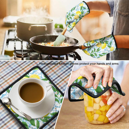 Oven Mitts and Pot Holders 4 Pcs Sets, Farmhous Lemon Kitchen Decor Extra Thicken Heat Resistant Oven Gloves Mits Mitt and Hot Pads for Baking Cooking and Barbecue