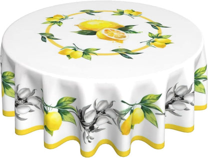 Yellow Lemon Round Tablecloths, Summer Circular Table Cover Washable Polyester for BBQ, Buffet Table, Parties, Holiday Dinner 60 Inch