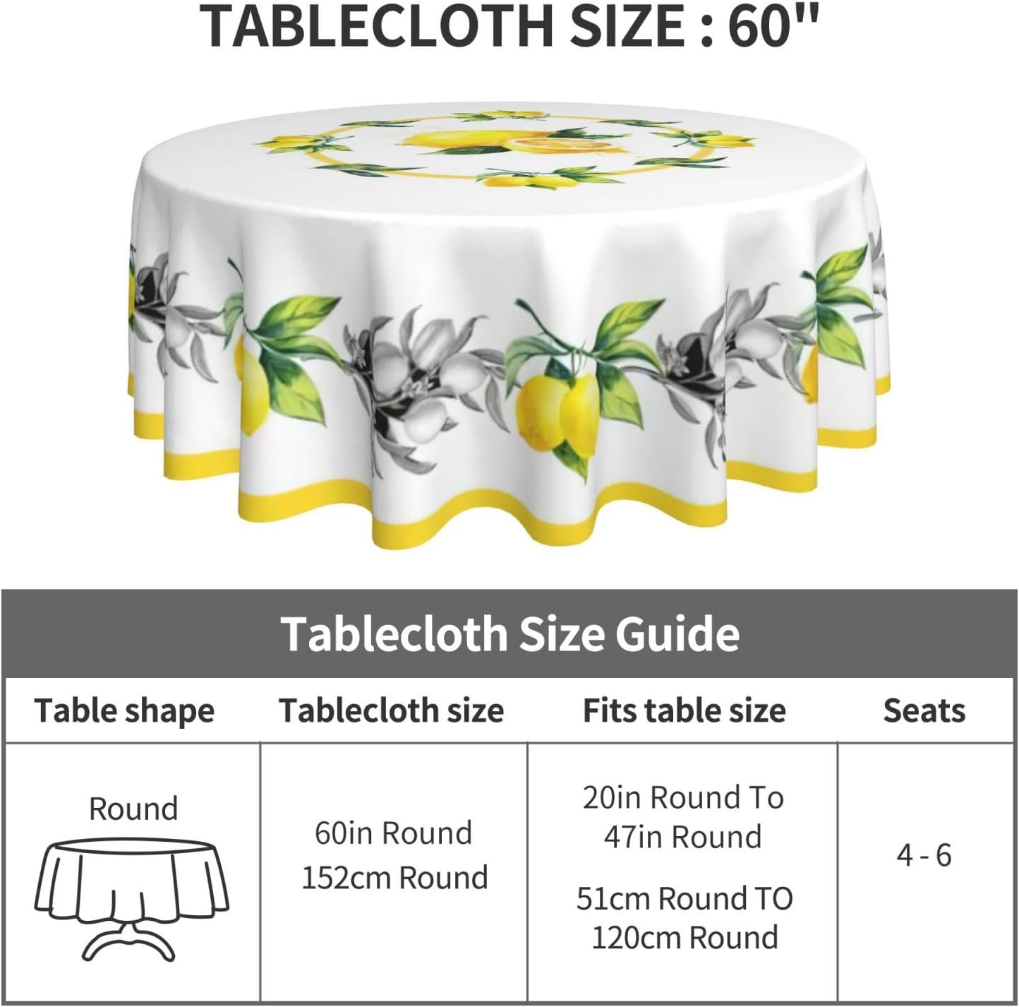 Yellow Lemon Round Tablecloths, Summer Circular Table Cover Washable Polyester for BBQ, Buffet Table, Parties, Holiday Dinner 60 Inch