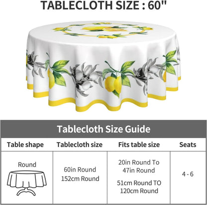 Yellow Lemon Round Tablecloths, Summer Circular Table Cover Washable Polyester for BBQ, Buffet Table, Parties, Holiday Dinner 60 Inch