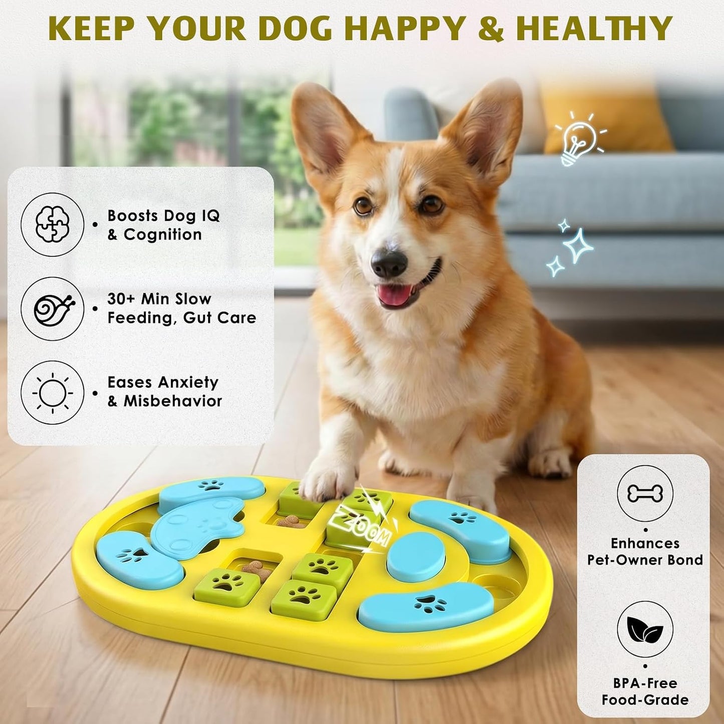 Dog Puzzle Toy, Interactive Treat Dispensing Toys, Yellow | Dog Enrichment Toys, IQ Training & Mental Stimulation, Non-Slip Slow Feeder, For Puppies Small Medium Large Dogs Cats
