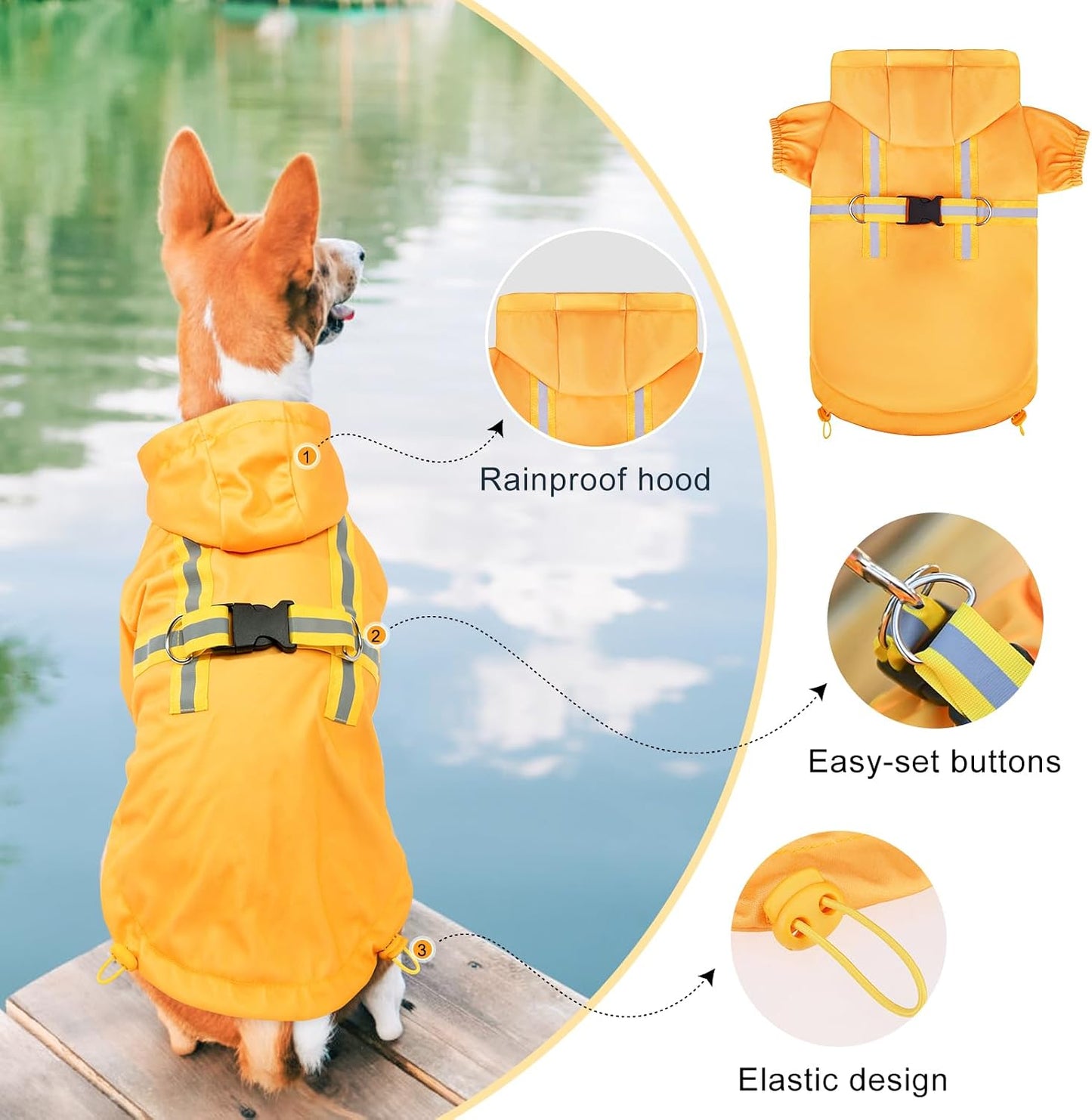 Dog Raincoats for Medium Dogs, Waterproof Rain Jacket with Hood | Puppy rain jacket with Harness, Reflective Poncho with Harness Built in, Rain Gear Clothes with Hat for Boy Girl, Yellow M
