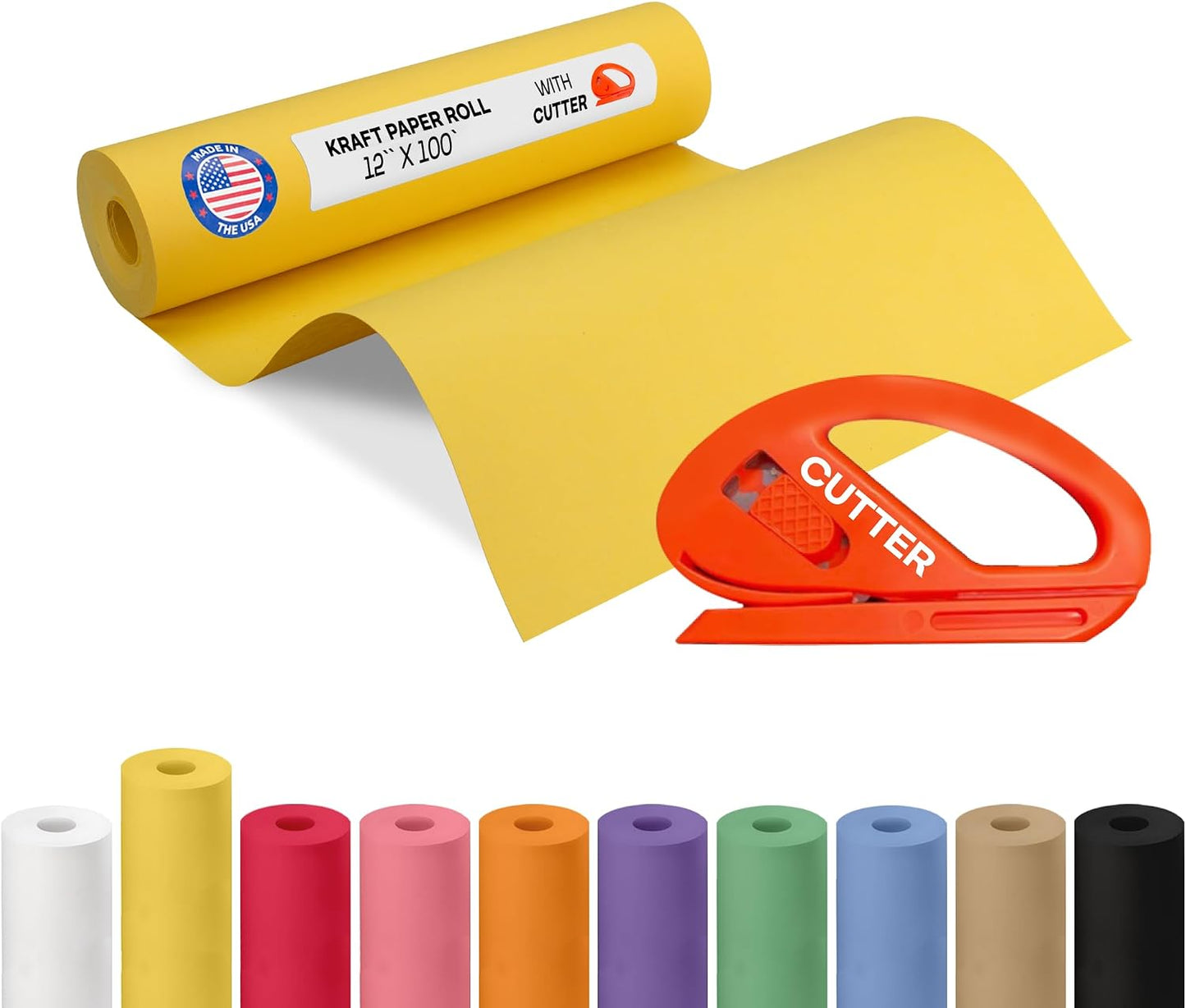 Yellow Kraft Paper Roll 12" x 1200" (100 feet) with Cutter - USA-Made Wrapping Paper for Packing, Moving, Shipping & Crafts/Arts - 100% Recyclable Natural Craft Material | Wrapping Paper for Packing, Moving, Shipping & Crafts/Arts - 100% Recyclable