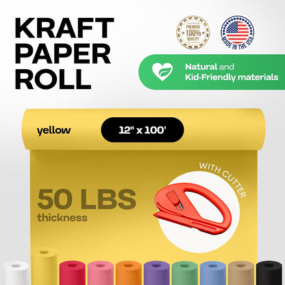 Yellow Kraft Paper Roll 12" x 1200" (100 feet) with Cutter - USA-Made Wrapping Paper for Packing, Moving, Shipping & Crafts/Arts - 100% Recyclable Natural Craft Material | Wrapping Paper for Packing, Moving, Shipping & Crafts/Arts - 100% Recyclable