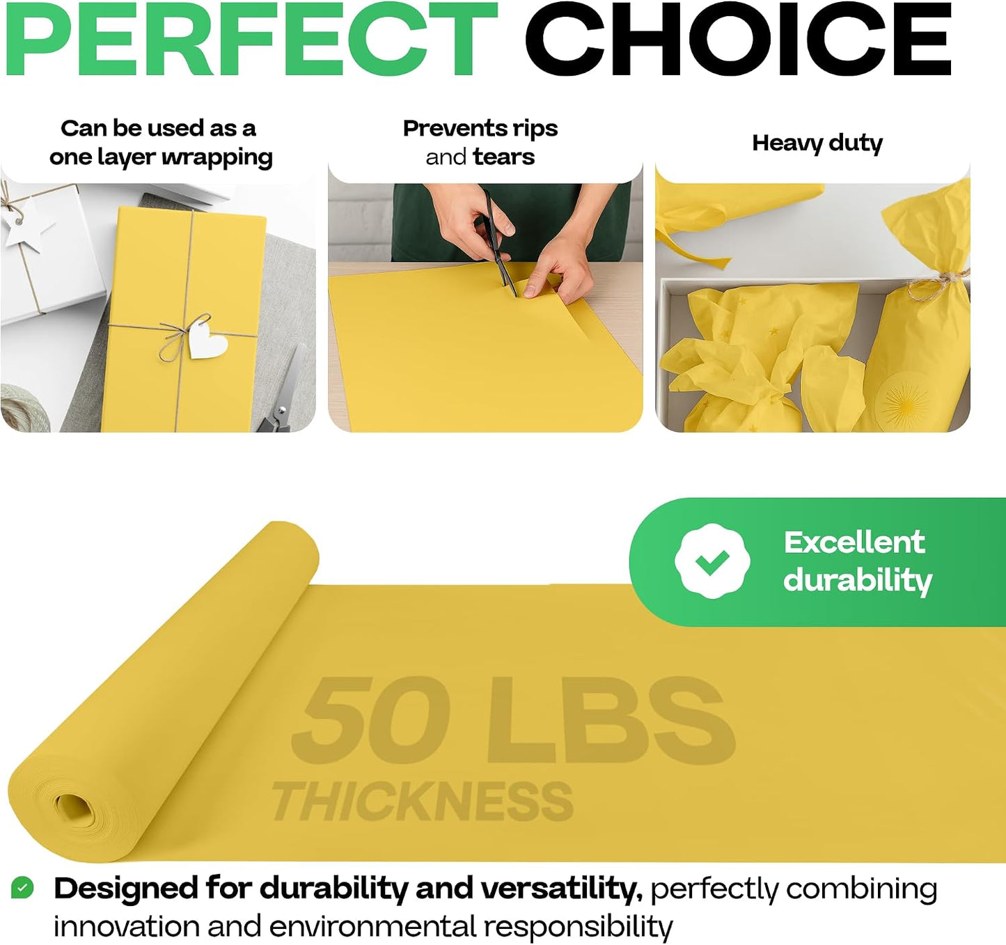 Yellow Kraft Paper Roll 12" x 1200" (100 feet) with Cutter - USA-Made Wrapping Paper for Packing, Moving, Shipping & Crafts/Arts - 100% Recyclable Natural Craft Material | Wrapping Paper for Packing, Moving, Shipping & Crafts/Arts - 100% Recyclable