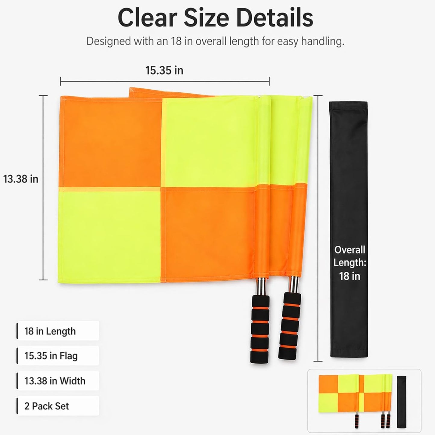 Soccer Referee Flags 2 Pack, 18 in Linesman Flags with Storage Bag | 2 soccer referee linesman flags with 18 in handles, orange yellow panels, ABS foam grips and storage bag