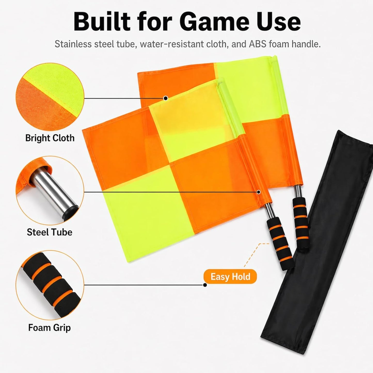 Soccer Referee Flags 2 Pack, 18 in Linesman Flags with Storage Bag | 2 soccer referee linesman flags with 18 in handles, orange yellow panels, ABS foam grips and storage bag