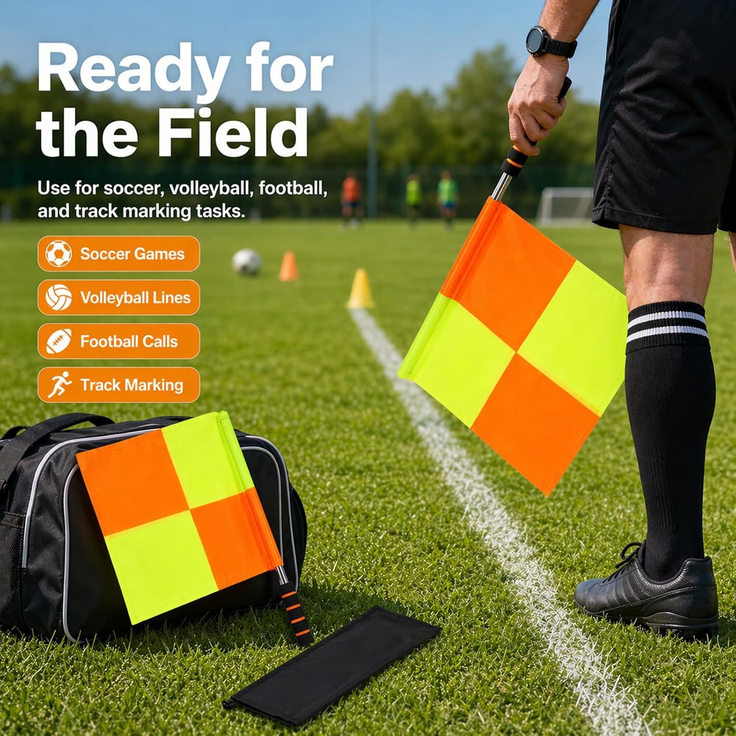 Soccer Referee Flags 2 Pack, 18 in Linesman Flags with Storage Bag | 2 soccer referee linesman flags with 18 in handles, orange yellow panels, ABS foam grips and storage bag
