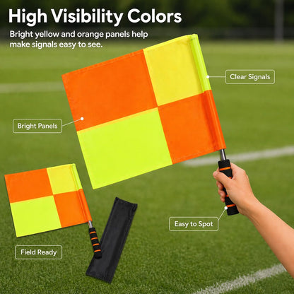 Soccer Referee Flags 2 Pack, 18 in Linesman Flags with Storage Bag | 2 soccer referee linesman flags with 18 in handles, orange yellow panels, ABS foam grips and storage bag