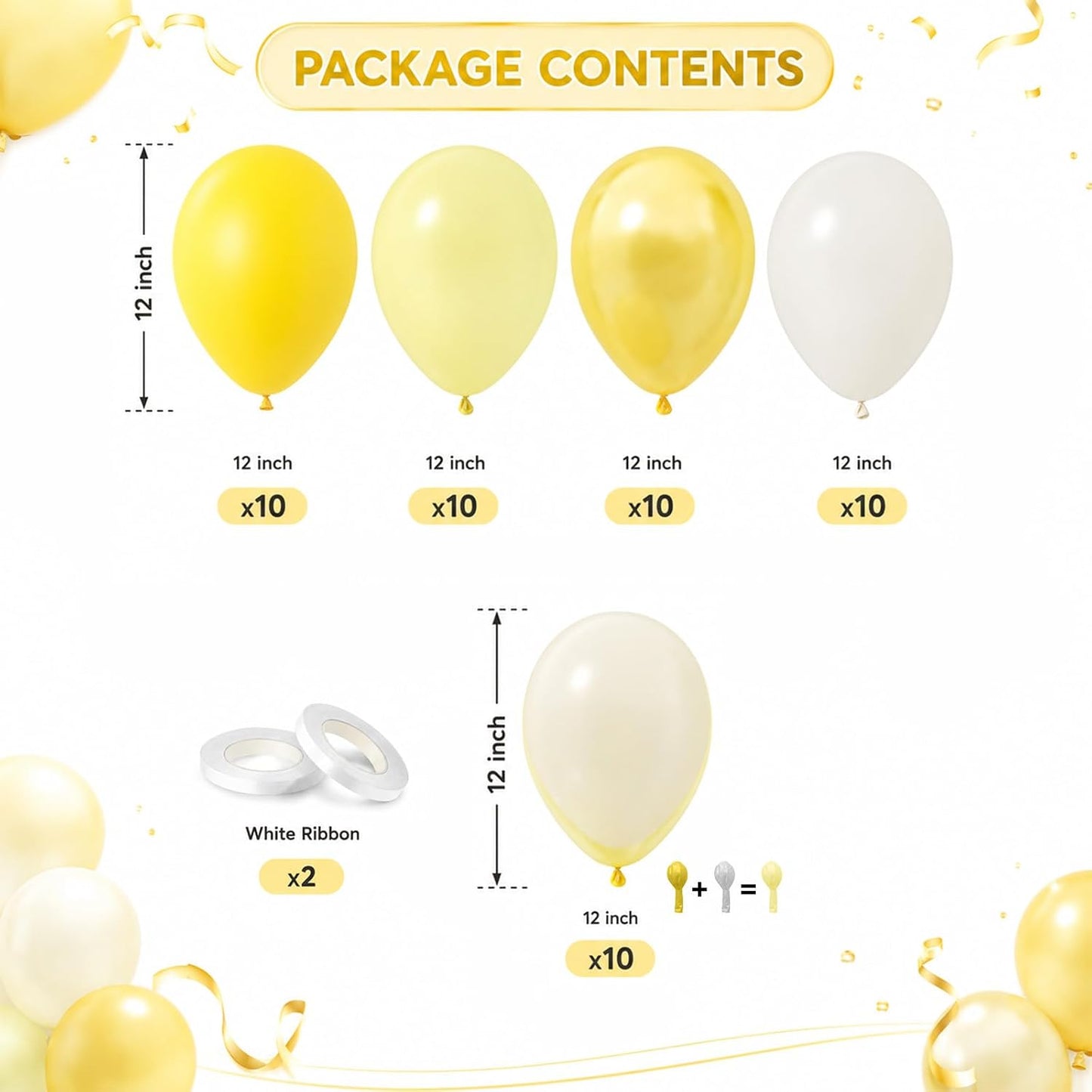 Pastel Yellow Balloons, 52 PCS 12 Inch Double-Stuff Light Yellow and Sand White Balloons, Pearl Yellow Sand White Latex Balloon for Birthday Baby Shower Bee Bridal Wedding Lemon Party Decorations