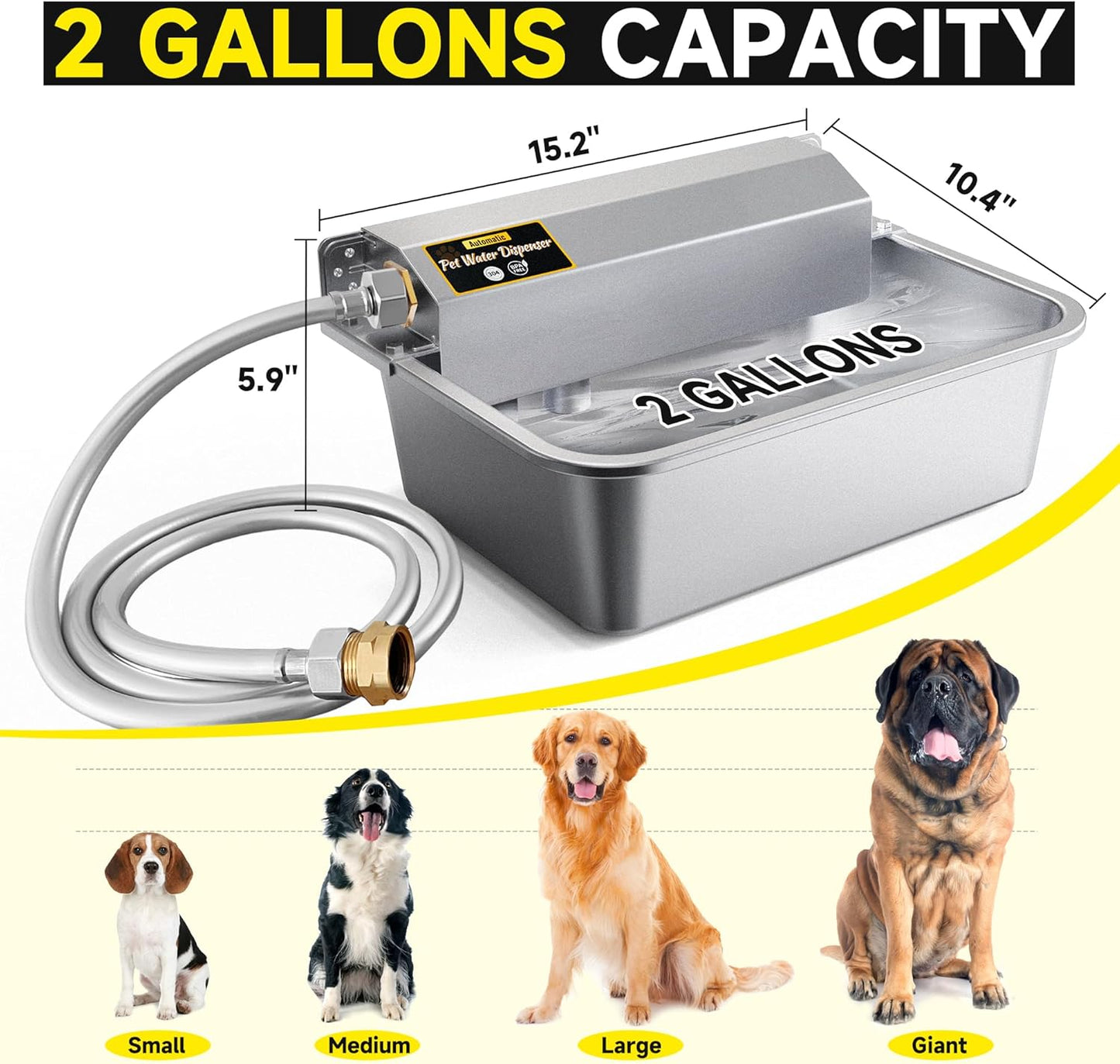 Automatic Water Dispenser for Dogs, 2 Gallon 304 Stainless Steel Large Dog Water Bowl Dispenser for Indoor/Outdoor, Pets & Livestock Self-Filling Waterer, Fits GHT 3/4" Faucet, Easy to Clean