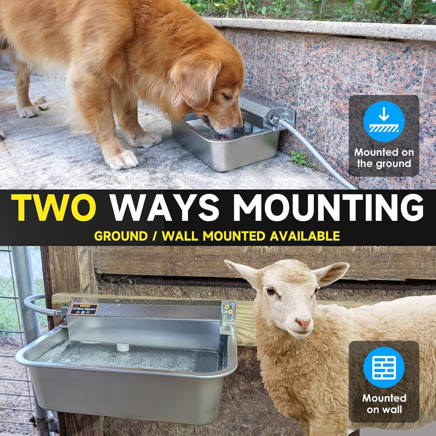 Automatic Water Dispenser for Dogs, 2 Gallon 304 Stainless Steel Large Dog Water Bowl Dispenser for Indoor/Outdoor, Pets & Livestock Self-Filling Waterer, Fits GHT 3/4" Faucet, Easy to Clean