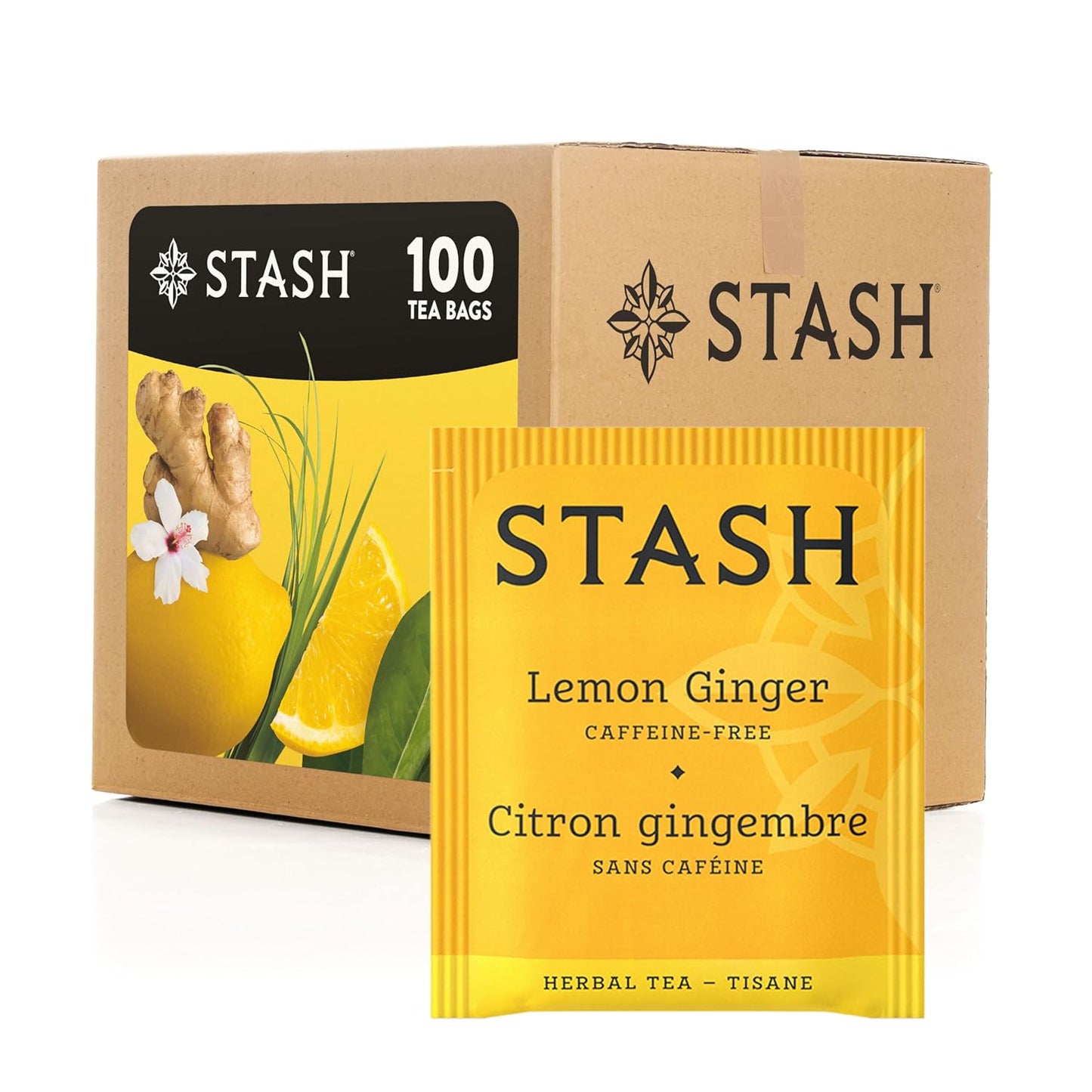 Lemon Ginger Herbal Tea - Naturally Caffeine Free, Non-GMO Project Verified Premium Tea with No Artificial Ingredients, 100 Count (BULK PACKAGING)