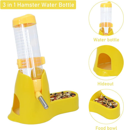 Hamster Hanging Water Bottle Pet 3 in 1 Auto Dispenser with Base for Dwarf Hamster Mouse Rat Hedgehog (125ML,Yellow)