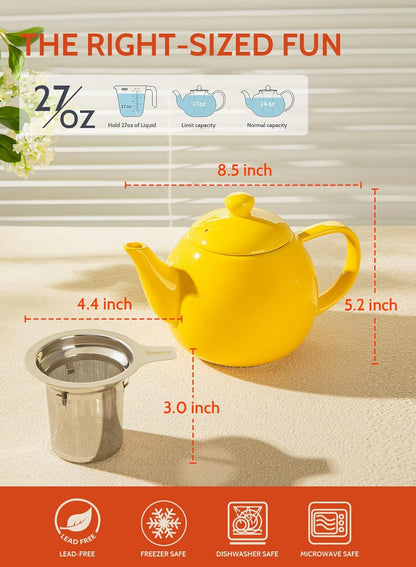 Teapot, Porcelain Tea Pot with Stainless Steel Infuser, Blooming & Loose Leaf Teapot - 27 ounce, Yellow