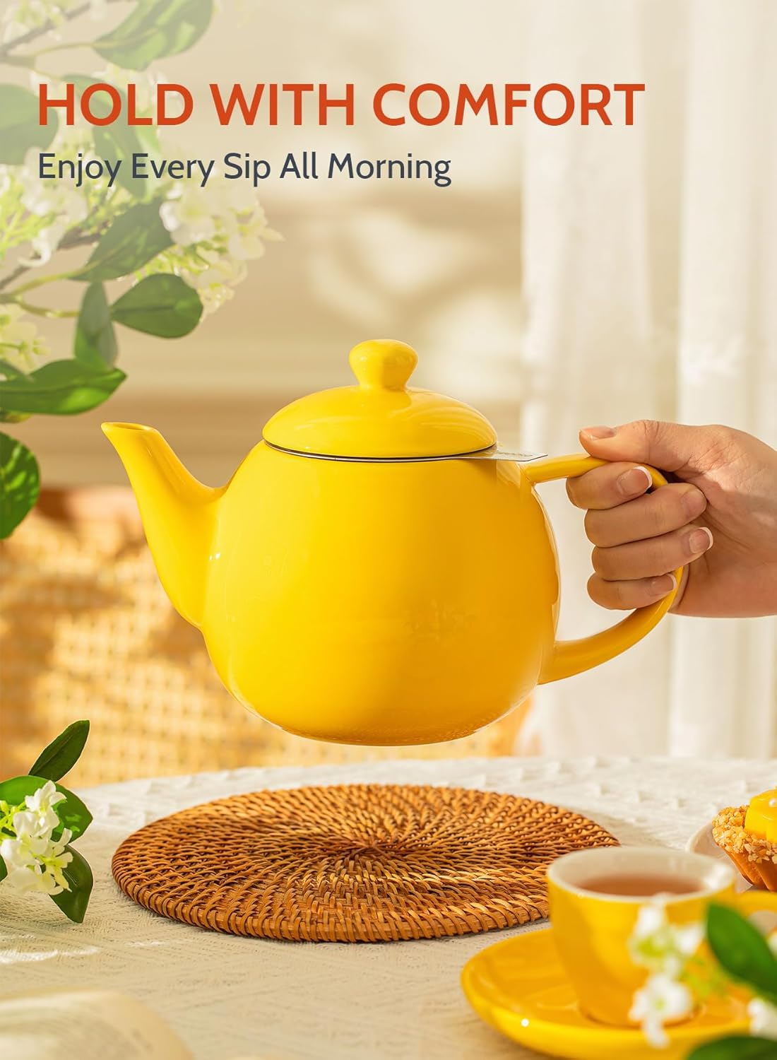 Teapot, Porcelain Tea Pot with Stainless Steel Infuser, Blooming & Loose Leaf Teapot - 27 ounce, Yellow
