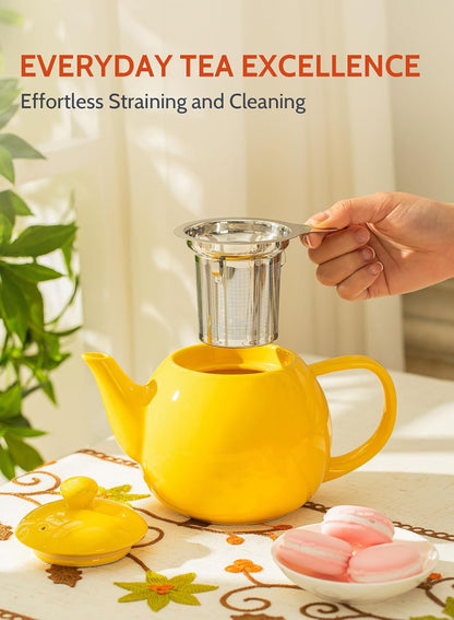 Teapot, Porcelain Tea Pot with Stainless Steel Infuser, Blooming & Loose Leaf Teapot - 27 ounce, Yellow