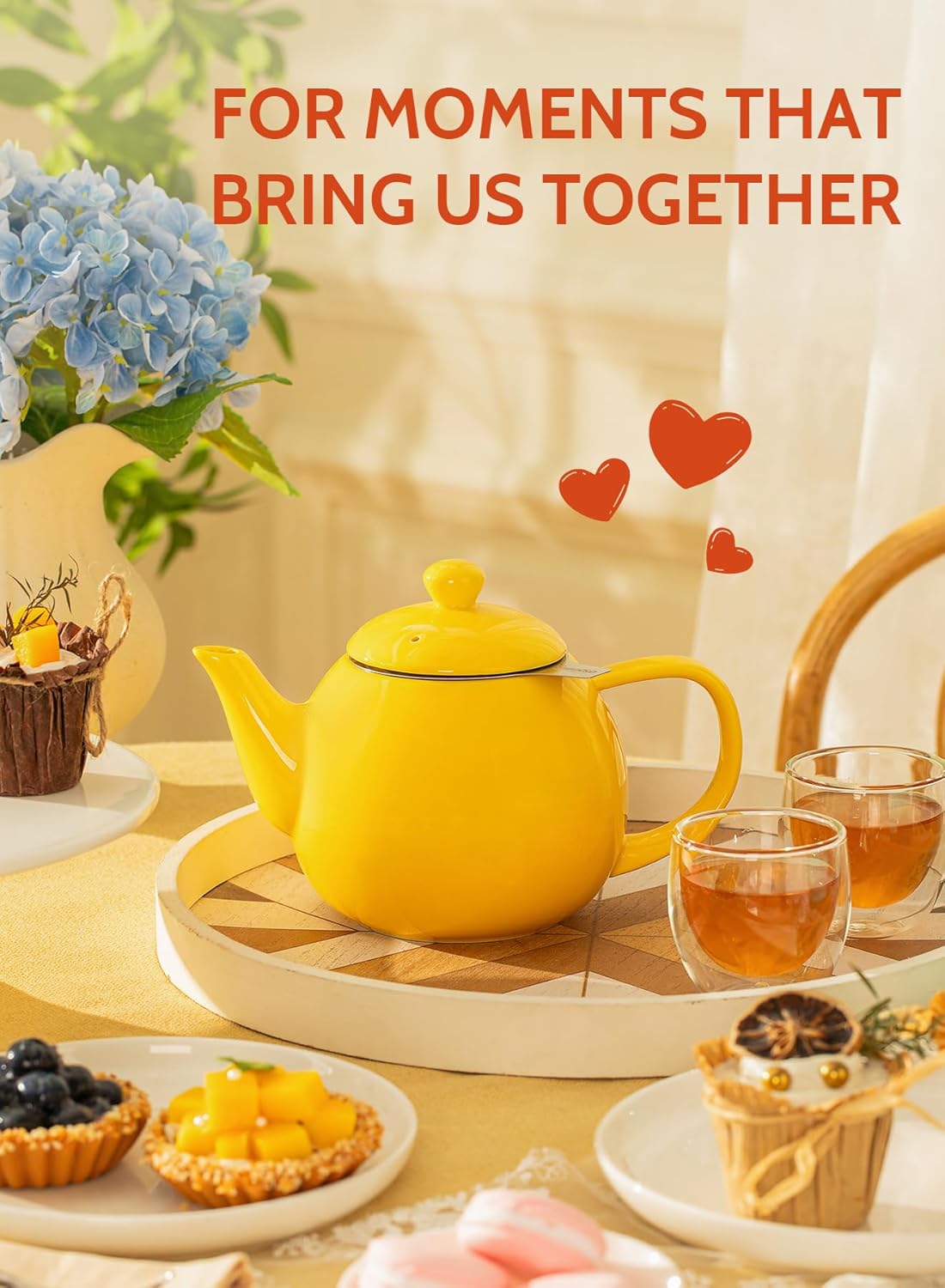 Teapot, Porcelain Tea Pot with Stainless Steel Infuser, Blooming & Loose Leaf Teapot - 27 ounce, Yellow