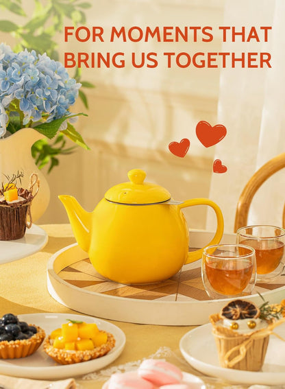 Teapot, Porcelain Tea Pot with Stainless Steel Infuser, Blooming & Loose Leaf Teapot - 27 ounce, Yellow