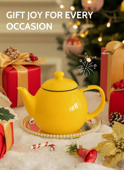 Teapot, Porcelain Tea Pot with Stainless Steel Infuser, Blooming & Loose Leaf Teapot - 27 ounce, Yellow