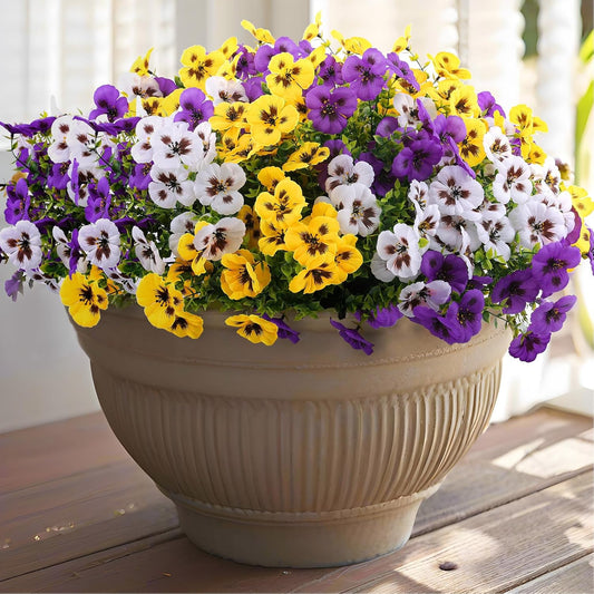 Rowfad 18 Pcs Artificial Fake Pansy Flowers for Outdoor, Faux Silk Pansies Spring Flowers for Outside for Planter Front Door Porch Yard Patio Window Box Home Decor (18, Purple, Yellow, White)
