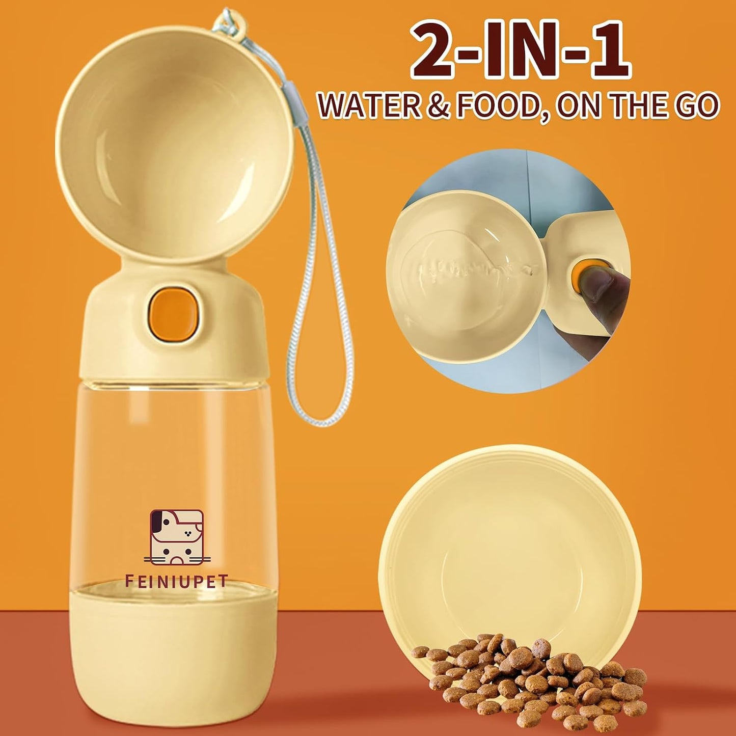 Dog Water Bottle with Food Container, 2-in-1 Cat & Small Dog Water Bottle Portable for Walking, Hiking, Travel - Yellow