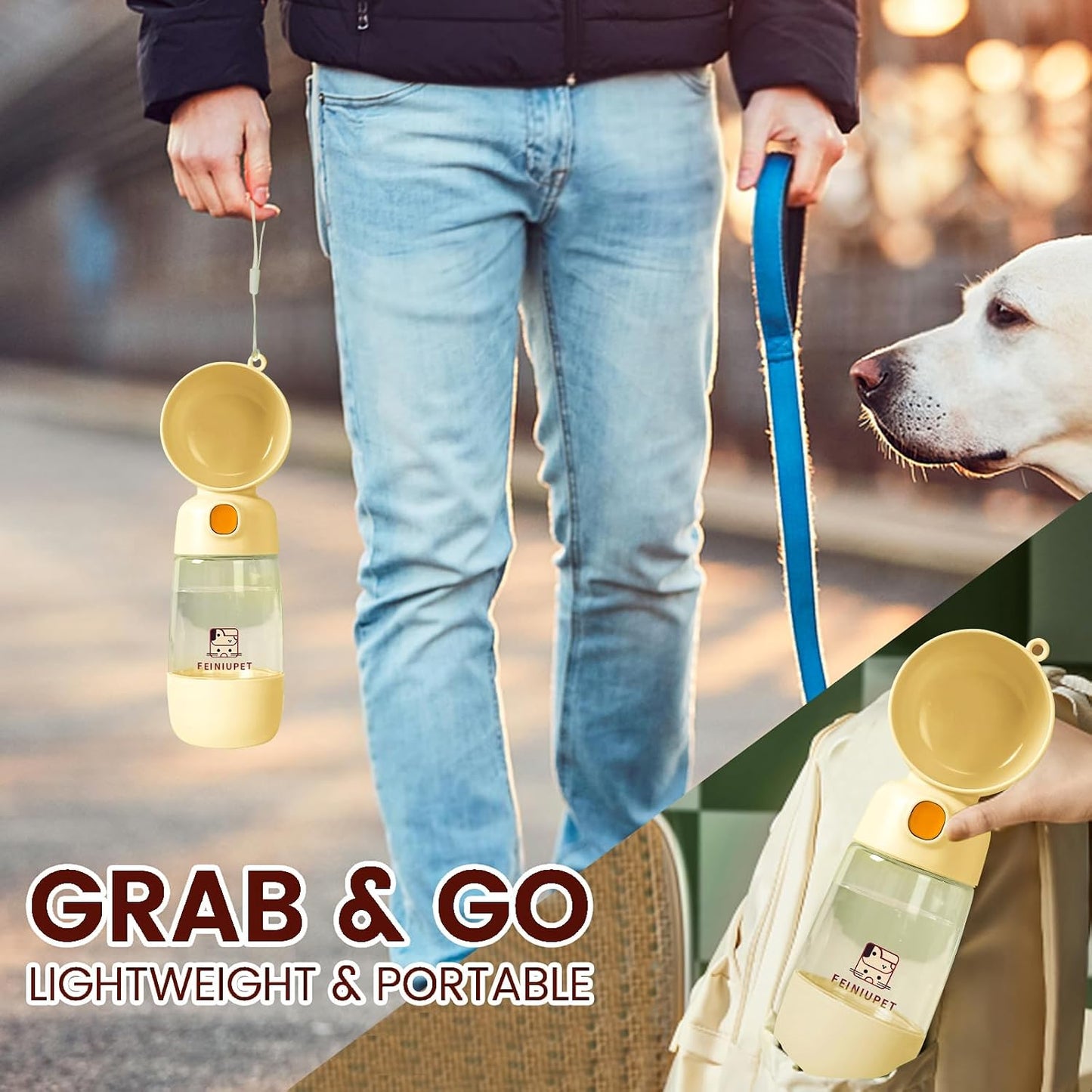 Dog Water Bottle with Food Container, 2-in-1 Cat & Small Dog Water Bottle Portable for Walking, Hiking, Travel - Yellow