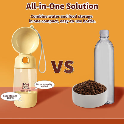 Dog Water Bottle with Food Container, 2-in-1 Cat & Small Dog Water Bottle Portable for Walking, Hiking, Travel - Yellow