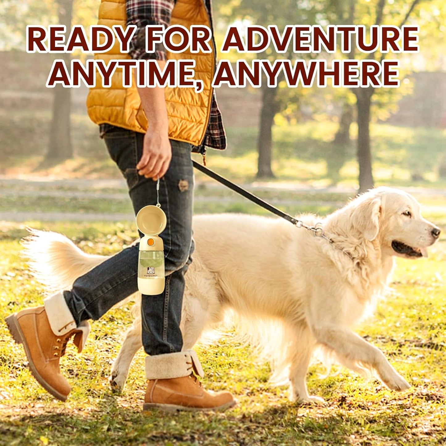 Dog Water Bottle with Food Container, 2-in-1 Cat & Small Dog Water Bottle Portable for Walking, Hiking, Travel - Yellow