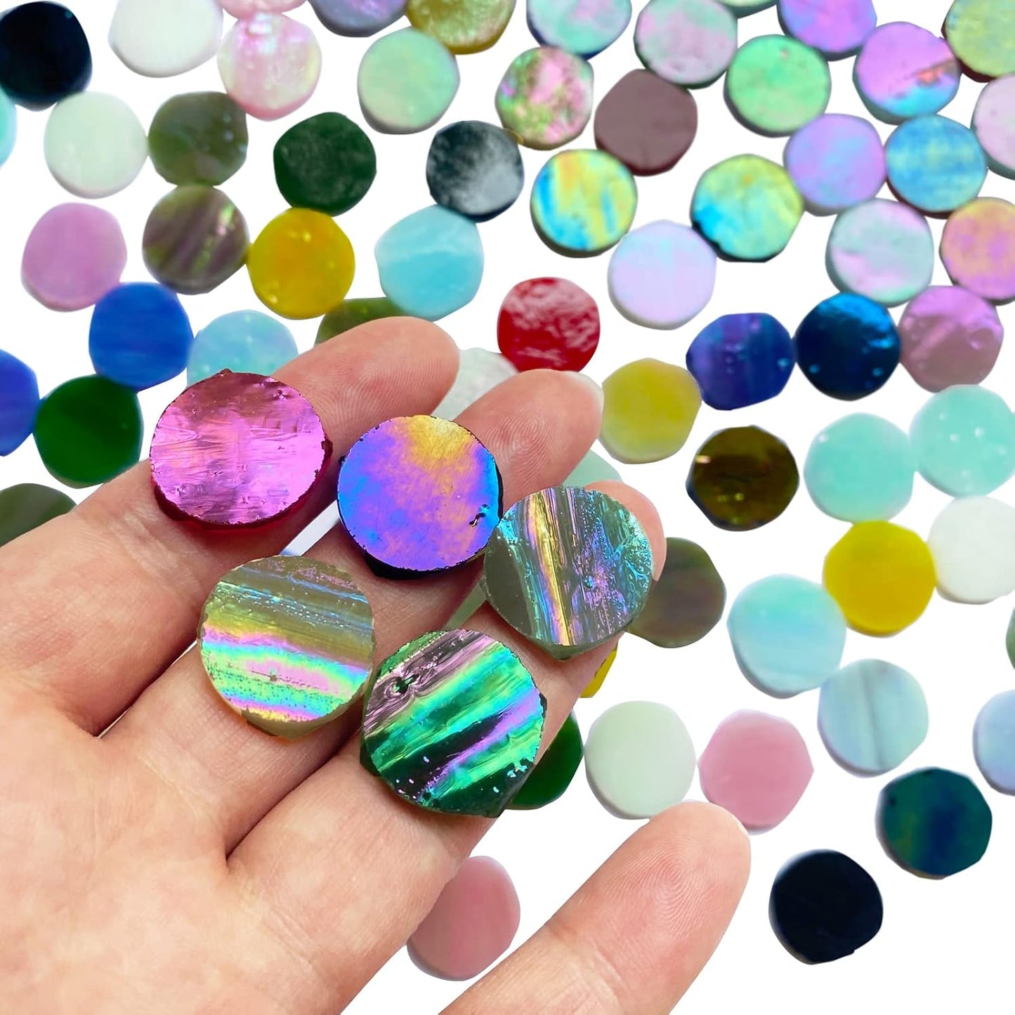 4/5" Magic Iridescent Round Circle Glass Mosaic Tiles for Crafts 125 Pieces, Stained Glass Supplies Mosaic Kit for Adults