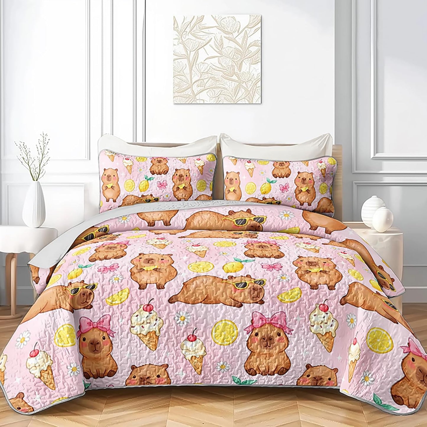 Pink Capybara Twin Quilted Comforter Set 3 Piece 1 Quilt + 2 Pillowcases, Lemon Ice Cream Bedspread Coverlet, Sweet Bedroom Theme