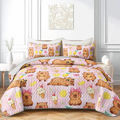 Pink Capybara Twin Quilted Comforter Set 3 Piece 1 Quilt + 2 Pillowcases, Lemon Ice Cream Bedspread Coverlet, Sweet Bedroom Theme
