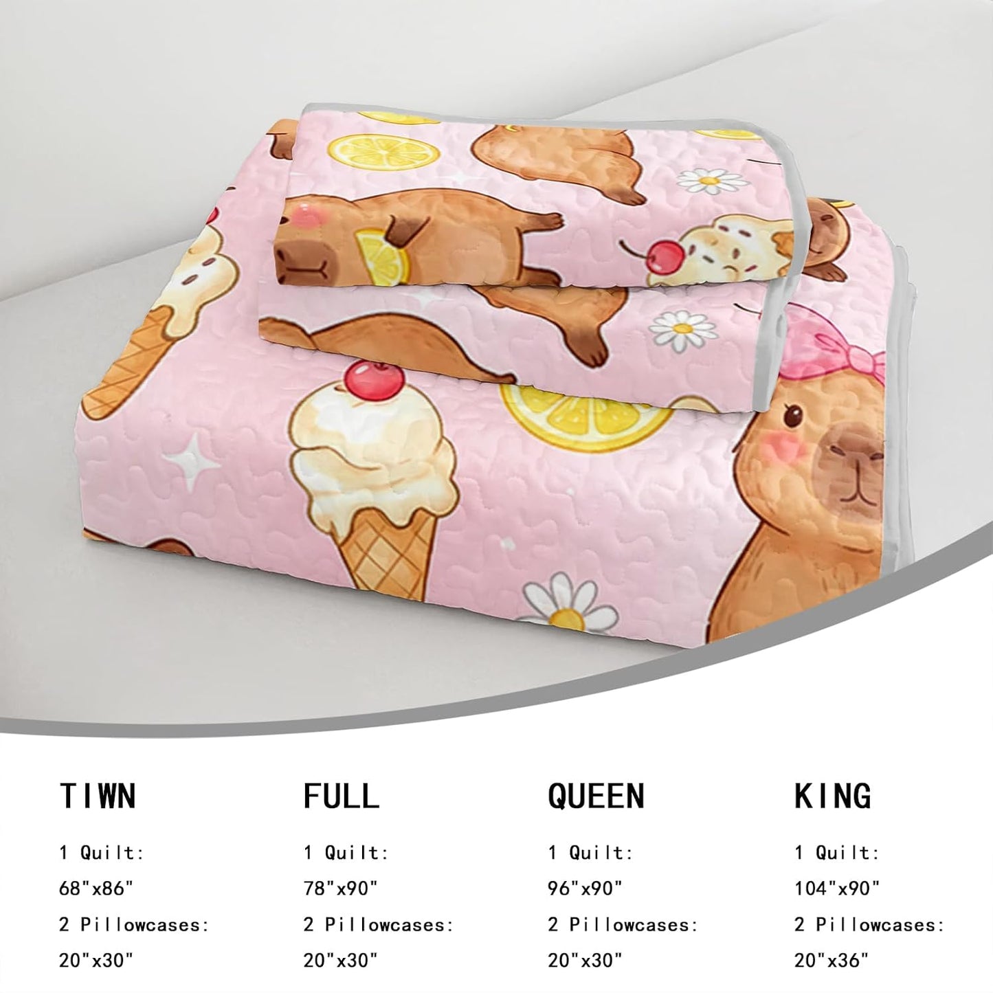 Pink Capybara Twin Quilted Comforter Set 3 Piece 1 Quilt + 2 Pillowcases, Lemon Ice Cream Bedspread Coverlet, Sweet Bedroom Theme