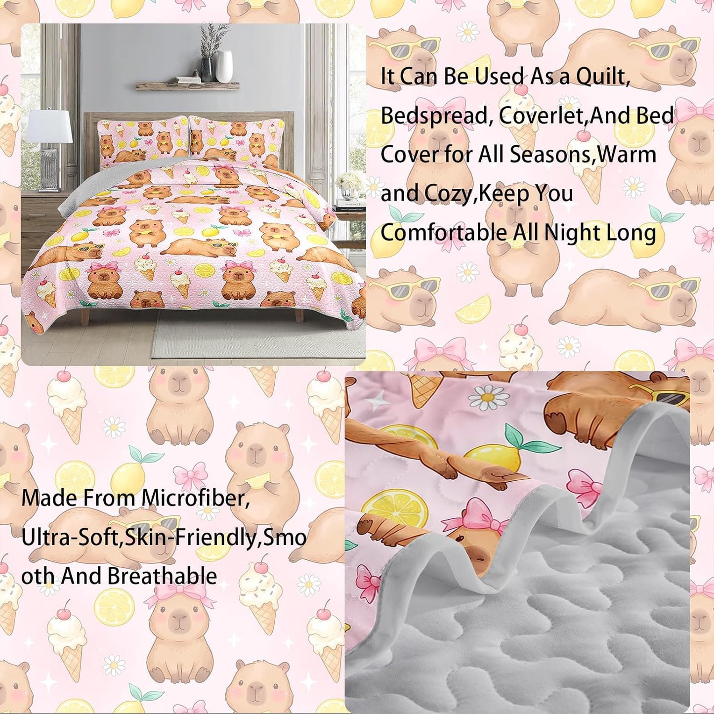 Pink Capybara Twin Quilted Comforter Set 3 Piece 1 Quilt + 2 Pillowcases, Lemon Ice Cream Bedspread Coverlet, Sweet Bedroom Theme