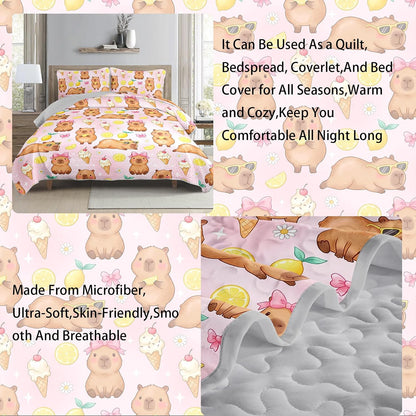 Pink Capybara Twin Quilted Comforter Set 3 Piece 1 Quilt + 2 Pillowcases, Lemon Ice Cream Bedspread Coverlet, Sweet Bedroom Theme