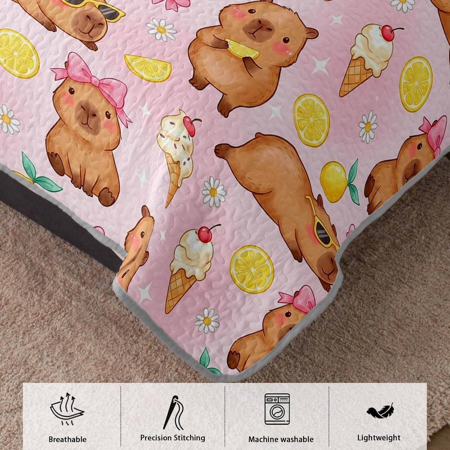 Pink Capybara Twin Quilted Comforter Set 3 Piece 1 Quilt + 2 Pillowcases, Lemon Ice Cream Bedspread Coverlet, Sweet Bedroom Theme
