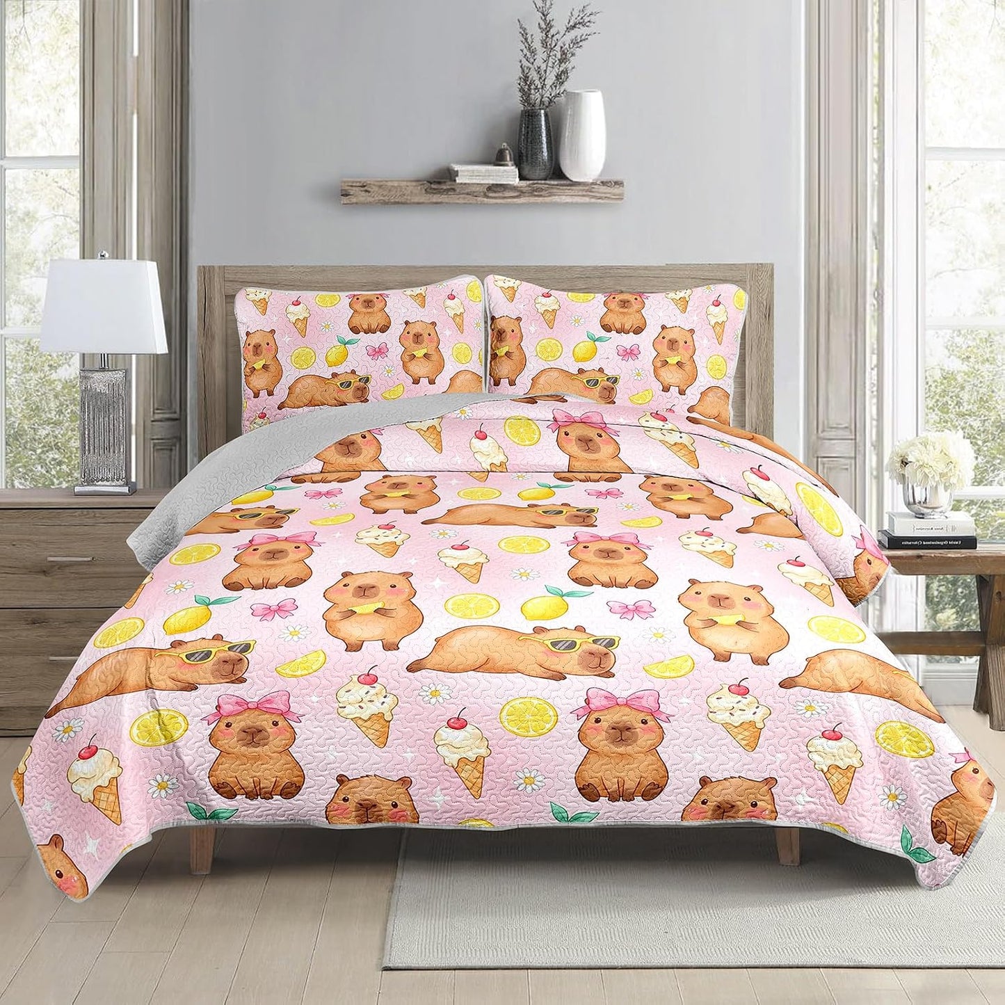 Pink Capybara Twin Quilted Comforter Set 3 Piece 1 Quilt + 2 Pillowcases, Lemon Ice Cream Bedspread Coverlet, Sweet Bedroom Theme