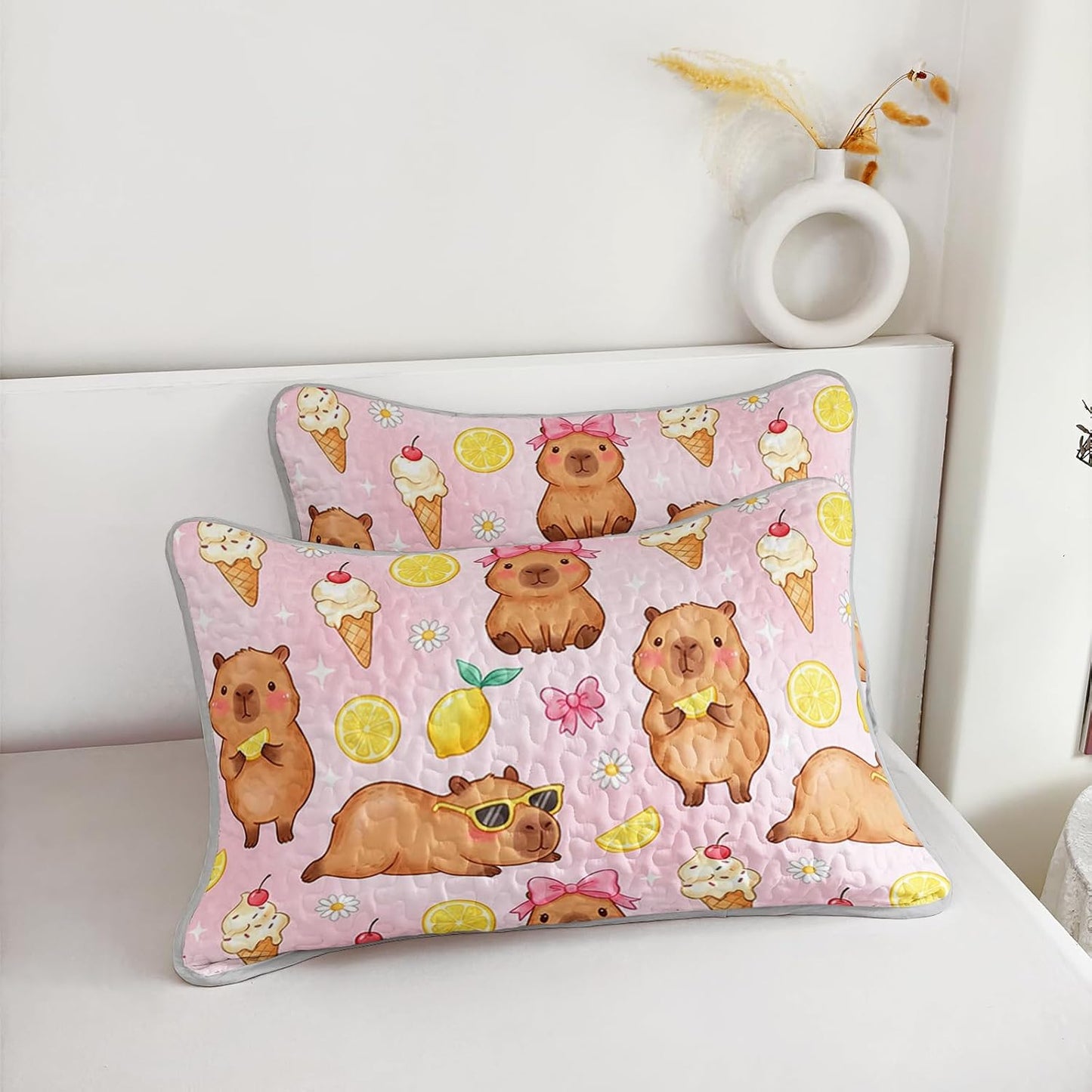 Pink Capybara Twin Quilted Comforter Set 3 Piece 1 Quilt + 2 Pillowcases, Lemon Ice Cream Bedspread Coverlet, Sweet Bedroom Theme