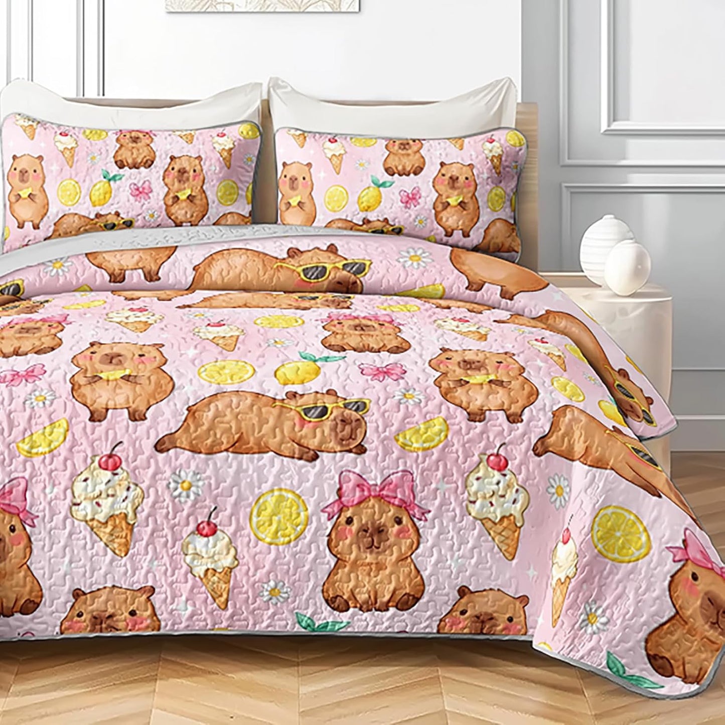 Pink Capybara Twin Quilted Comforter Set 3 Piece 1 Quilt + 2 Pillowcases, Lemon Ice Cream Bedspread Coverlet, Sweet Bedroom Theme