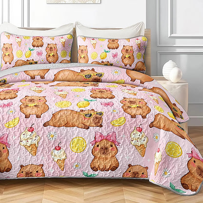 Pink Capybara Twin Quilted Comforter Set 3 Piece 1 Quilt + 2 Pillowcases, Lemon Ice Cream Bedspread Coverlet, Sweet Bedroom Theme