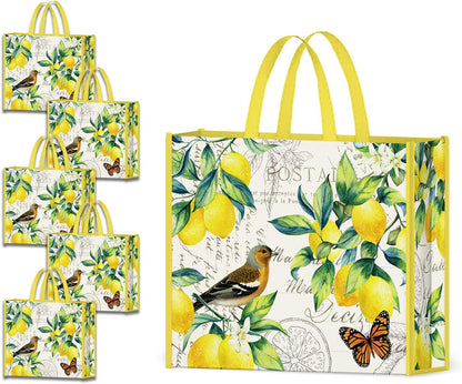 5 Pack Reusable Shopping Bags Lemons Bird Butterfly Washable Grocery Bags Fabric Tote Bag
