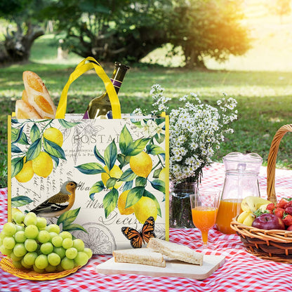 5 Pack Reusable Shopping Bags Lemons Bird Butterfly Washable Grocery Bags Fabric Tote Bag
