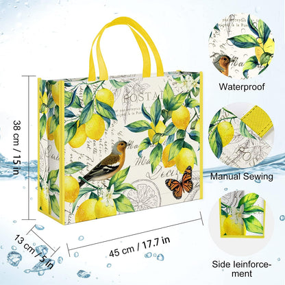 5 Pack Reusable Shopping Bags Lemons Bird Butterfly Washable Grocery Bags Fabric Tote Bag