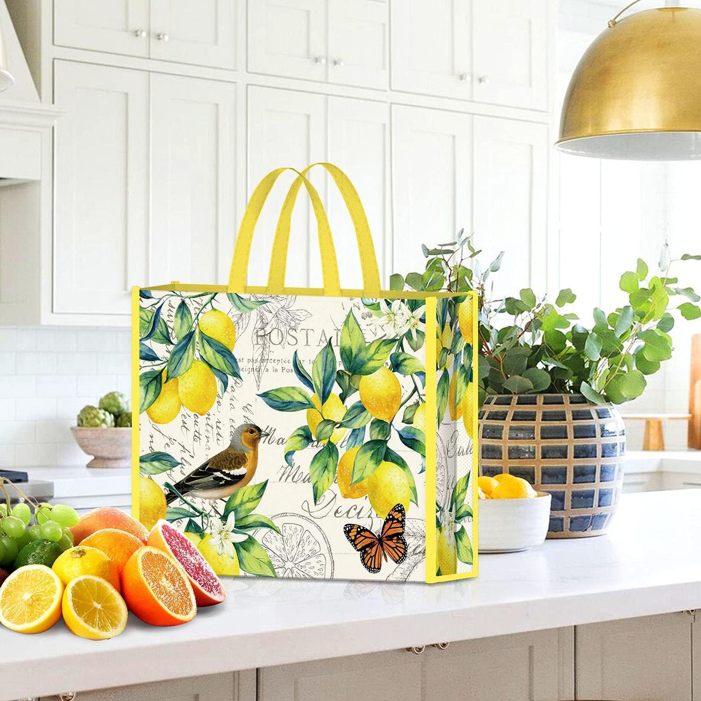 5 Pack Reusable Shopping Bags Lemons Bird Butterfly Washable Grocery Bags Fabric Tote Bag