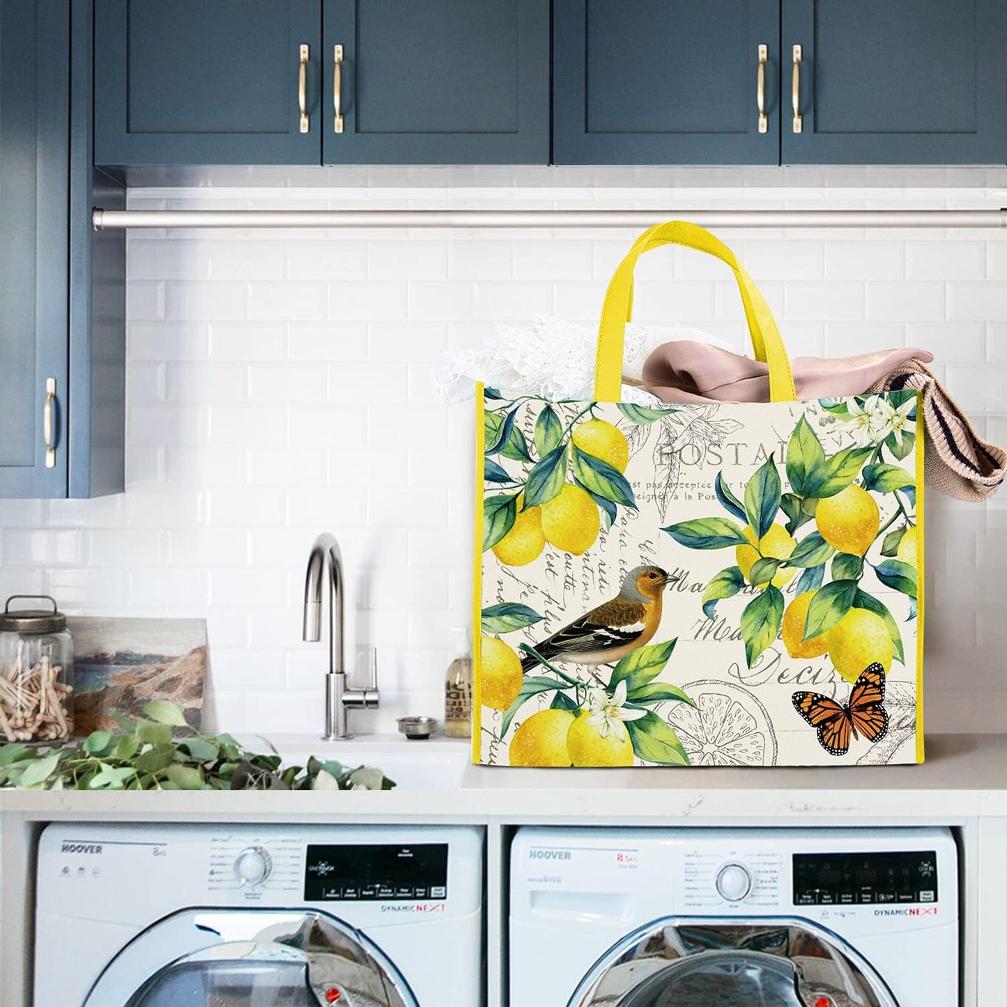 5 Pack Reusable Shopping Bags Lemons Bird Butterfly Washable Grocery Bags Fabric Tote Bag