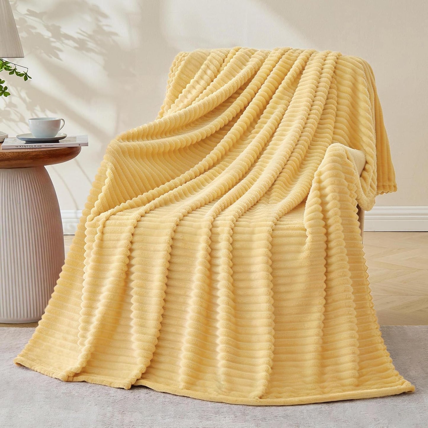 Light Yellow Fleece Throw Blanket, 300GSM Soft Warm Cozy Fluffy Throw for Babys & Pets, Stripe Pattern 50"x40", All Season Sofa Bed Blanket for Home Decor