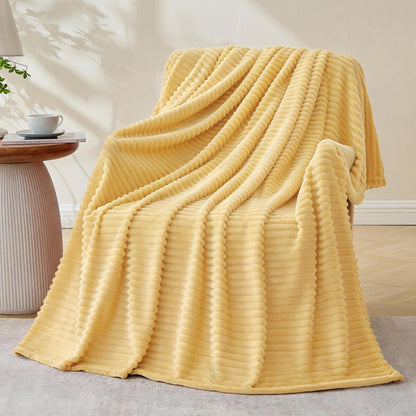 Light Yellow Fleece Throw Blanket, 300GSM Soft Warm Cozy Fluffy Throw for Babys & Pets, Stripe Pattern 50"x40", All Season Sofa Bed Blanket for Home Decor